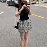 Paris Window_Small Short Skirt Tug-Of-Shape Solid Color / Lattice Half-Bike Pocket Design Commuter Style Skirt