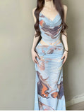 Art Fainting Print Hanging Neck Suit Female Neck Collar Collar Folded Folded Folded Strap Half-Dress Skirt Two