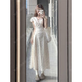 French Gentle Style Long Dress Temperament V Collar Short Sleeves Broken Flower Dress 2025 Summer Waist Apparent White Dress