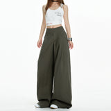 New Lazy Trend Brand Design Army Green Leisure Pants Women Summer High-Waist Loose Broad Leg Pants Drag Floor Trousers