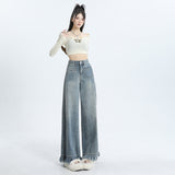 Hairy Light Blue Broad-Legged Jeans Women's New Design High-Waisted Loose-Hanging Trousers Skirt