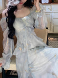2025 Early Autumn Seaside Tourism Temperament Gray Blue Dye Fairy Butterfly Hot Leaves Side Long-Sleeved Dress Woman