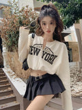 Fake Two V-Neck Print T-Shirt Girl Spring And Autumn Loose High-Waist Umbilly Twitching Short Tat