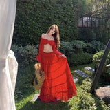 Beach Vacation Beautiful Tour Wearing A Female Red Shoulder Short Blouse High Waist Half-Body Skirt Suit Pure Desire