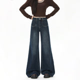 Vintage Micro-Horn Jeans Women Spring And Autumn High Waist Hanging Feeling Niche Front Pocket Elastic Broad Leg Trousers Trousers