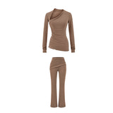 Kardashian Comfortable Skin Irregular Collar Repair Body Folded Waist Trousers Autumn Casual Set