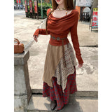 Xinjiang Sichuan West Tourism Wear Set Two Sets Of One-Word Shoulder Hanging Neck Long-Sleeved Shirt + Folding Retro Lattice Skirt