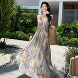 French Retro Oil Painting Gentle Broken Flowers To Take The Sling Belt To The Waist Dress Seaside Holiday Dress Summer
