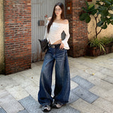 Autumn Deep Blue Vintage Cat Scratch Scimits Jeans Women Retro Water Wash Loose Broad Leg Drag Trousers