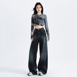 Early Autumn Retro Dark Broad-Legged Straight Jeans Women 2025 New Lazy Loose Drag Trousers