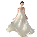 New French-Style White Moon Lace Spliced Back Summer Seaside Seaside Sling Dress
