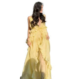 French Gentle Birthday Dress Niche Design Deep Back Sexy Seaside Holiday Yellow Holiday Dress