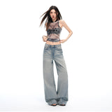 26 Years Of Summer New Low-Rise Retro Washing Laser Radiated Three-Dimensional Cat Should Be Loose Broad-Legged Jeans