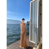 2026 Want To Burn The City Hanging Neck Card Color Splicing Dress Close Waist Tight Birthday Dress Famous Slings Long Skirt