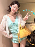 2026 Swimsuit Women's Two Sets Of Long-Sleeved Lace Coat Show Skinny Girl Sweet Bubble Hot Spring Swimsuit
