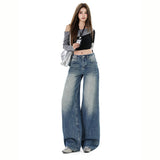 Spice Girls High Street Water Washed Flowers And Folds Design Vintage Embroidery With Loose Broad-Legged Straight Trousers