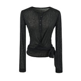 Round Collar Button Micro-Permeable Lace Repair Clothes Summer Straps Thin Long-Sleeved T-Shirt Girl