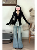 Early Autumn Korean Version Of Temperament V-Neck Black Woman 2025 New Sweet Babes Design Slimming Long Sleeve Tops Ins