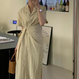 Korean Chic Summer French Vintage Side Tie With Long Retender Long Buckle Short Sleeve Shirt Dress Woman 3 Colors