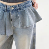 Korean Chic Niche Design High-Waisted Splicing Lotus Edge Water Wash White Jeans Female Ballet Temperament Straight Trousers