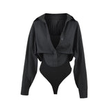 Korean White Fake Two-Piece Design Hottie Repair Long-Sleeved Hottie Sexy Conjoined Shirt Autumn