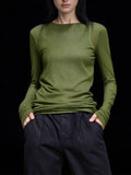 2026 Senior Sense Long-Sleeved Round-Neck T-Shirt Women's New Green Simple Leisure Inside The Thin Mask T Top