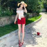 Vacation Red Dress Heat Neon Bow Small Broken Flower Age Reduction Set A Word Shoulder Girl Summer Short Skirt Two Sets