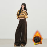 Coffee Color Retro Babes Split Jeans Female Straight Barrel Thin Loose Broad Leg Trousers