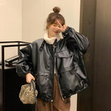 2025 Winter Korean Version Plus Thick Small Loose Collar Locomotive PU Leather Long-Sleeved Coat 910-2