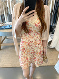 Romantic Lace Small Flying Sleeve Tie With Obliquely Cut Floral Skirt Slings Crissed Flowers Waist Dress