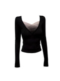 Autumn And Winter New Niche Design Han Spice Girls V-Neck Mesh Splicing Long-Sleeved Top Women To Collect Waist Thin Bottom T-Shirt