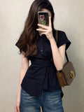French Temperament Black Polo Collar Short-Sleeved Shirt Women's Summer Thin Shirt Unique Beautiful Big Look Top