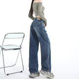 Mid-2025 New Dark Features Back Bag High-Waisted Broad-Legged Jeans Women Thin Straight-Tipped Loose Drag Trousers