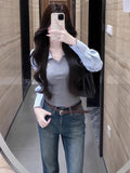 Striped Two Pieces Spliced Long-Sleeved T-Shirt Women's Early Autumn New Casual Design Slimming Top