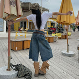 Vintage Water Wash Side Design Wide Legs Denim Seven-Crelei Trousers Casual Niche Design Straight Pants