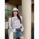 Summer Retro Old Letter-Print T-Shirt Women's Thin Long-Sleeved Hoodie Loose Short-Term Umbilical Top