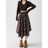Maillard Curry Lattice Skirt Irregular High-Waist A-Word Umbrella Skirt Retro Style Shaded Thin