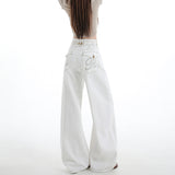 New Paris Buckle Adjustment Waist Design White Jeans Women High-Waisted Loose-Ragging Wide-Legged Trousers