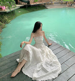 2025 Super Fairy Summer Wave Blue Pure Desire Holiday Windy Back Dress To Collect The Waist Thin Skirt Slings Long