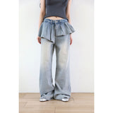 Korean Chic Niche Design High-Waisted Splicing Lotus Edge Water Wash White Jeans Female Ballet Temperament Straight Trousers