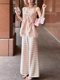 New Revision Navy & Girls Color Three-Dimensional Striped Broad-Legged Knitting Trousers Small Trousers Pink