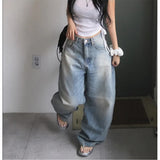 South Korea Dongdae PP Wing Print Loose Jeans Women Retro To Make Old High-Rise Thin Broad Legs Casual Trousers