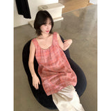 Korean Daily Relaxation Feeling With Sweet Lattice Folded V-Neck Vest Short Dress Thin Design Dress Woman