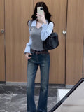 Striped Two Pieces Spliced Long-Sleeved T-Shirt Women's Early Autumn New Casual Design Slimming Top