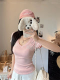 5113# Summer New Shoulder Short Sleeve Hollow Mesh Embroidery T-Shirt Girl Body Integrated With Chest Cushion