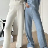 Waffle Knitted Trousers Spring And Autumn New Loose Leisure Lazy Elastic Tight Waist Broad Leg Trousers