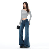 Vintage Blue Low-Waisted Micro-Horned Jeans Women Fall 2025 New Elastic Straights Without Leg Horn Pants