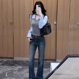 Striped Two Pieces Spliced Long-Sleeved T-Shirt Women's Early Autumn New Casual Design Slimming Top