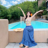 New Short Floral Sling Tapes D'at Tie Top + Design High-Rise Thin Blue And White Striped Half-Dress Skirt