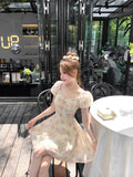 Bubble Sleeves A Word Shoulder Yellow Broken Flower Short-Sleeved Dress Small Summer Beautiful Little Dress